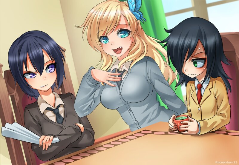 Three Anime Girls at Table — Yellow