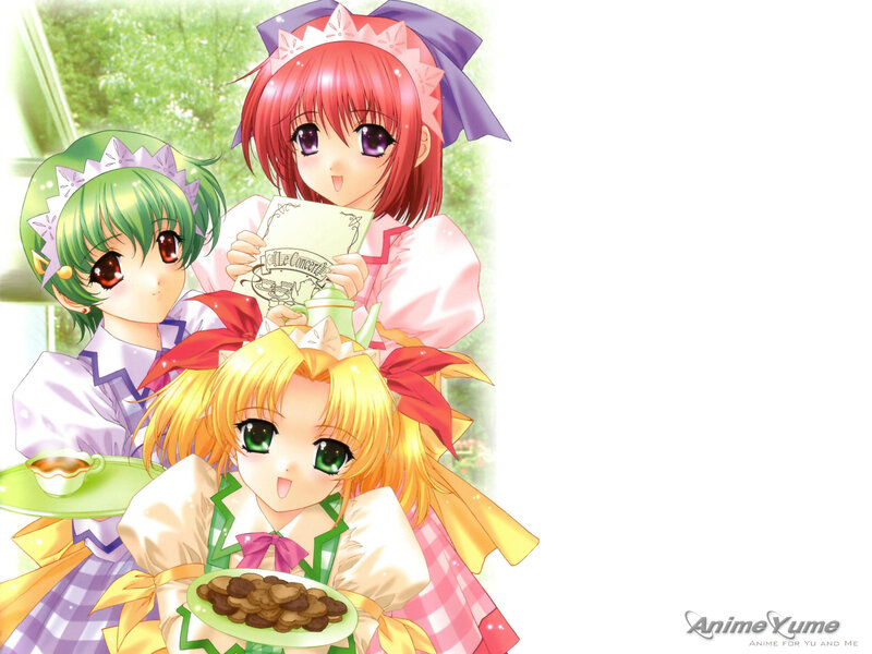 three anime girls at tea party