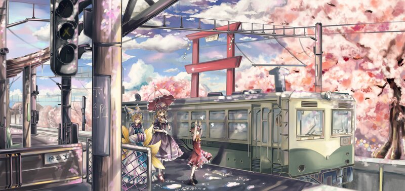 Three Anime Girls at Train Station