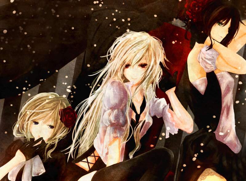 Three Anime Girls — Black, Dramatic, Night, Roses