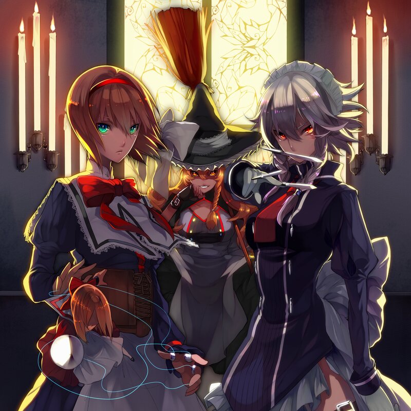 Three Anime Girls — Black, Dramatic, Night