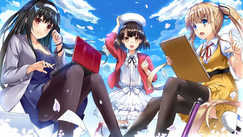 Three Anime Girls — Blue, Bright, Afternoon, Laptops
