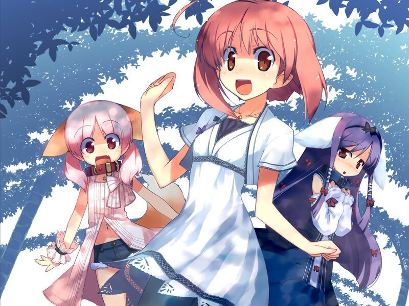 Three Anime Girls — Blue, Bright, Afternoon, Trees, Dresses