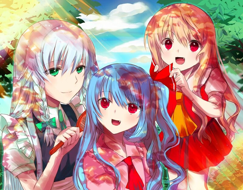 Three Anime Girls — Blue, Bright, Afternoon, Trees