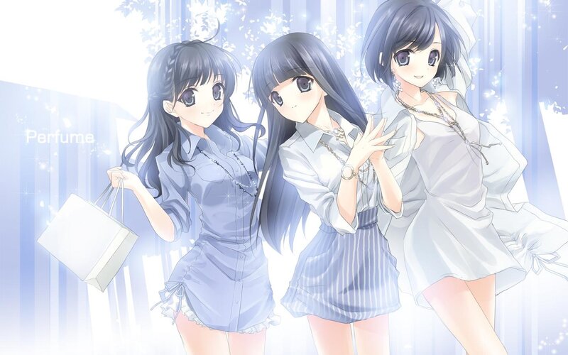Three Anime Girls — Blue, Bright, Shopping Bag, Necklace