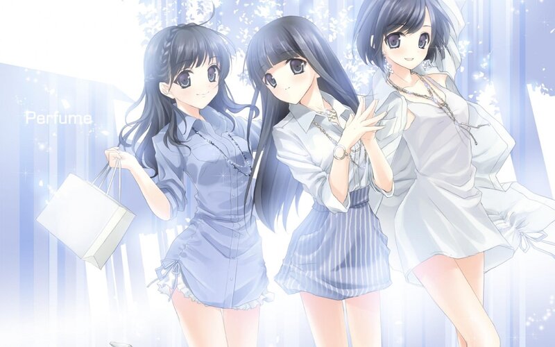 Three Anime Girls — Blue, Bright, Shopping Bag