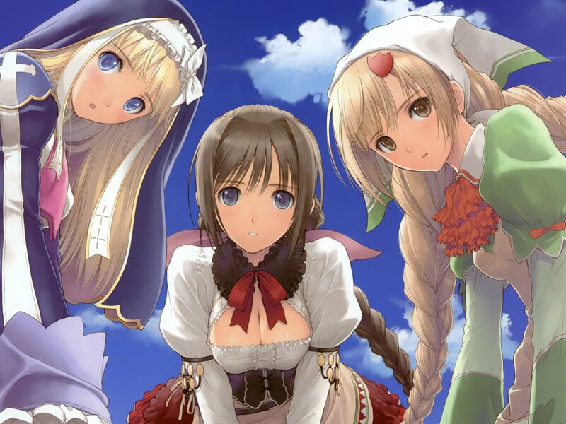 Three Anime Girls — Blue, Calm, Afternoon