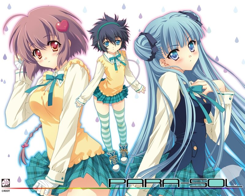 Three Anime Girls — Blue, Calm, Raindrops