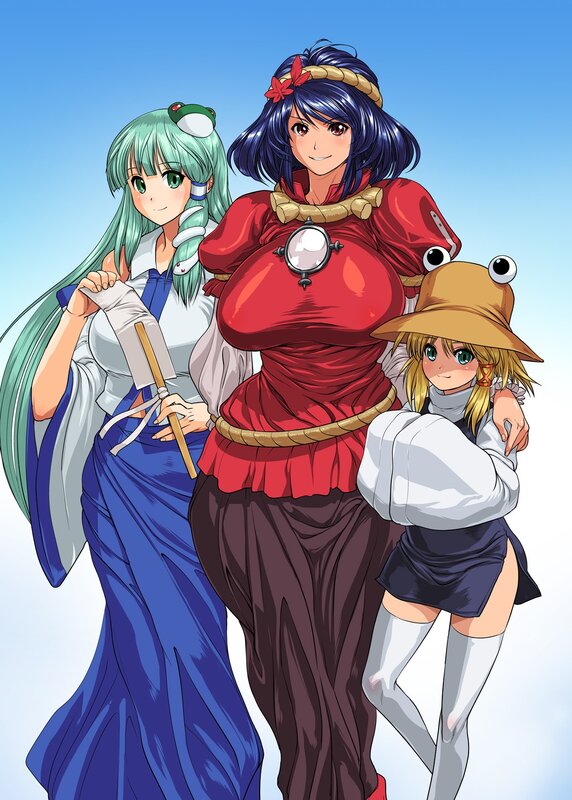 Three Anime Girls — Blue, Cheerful, Afternoon, Frog Hat