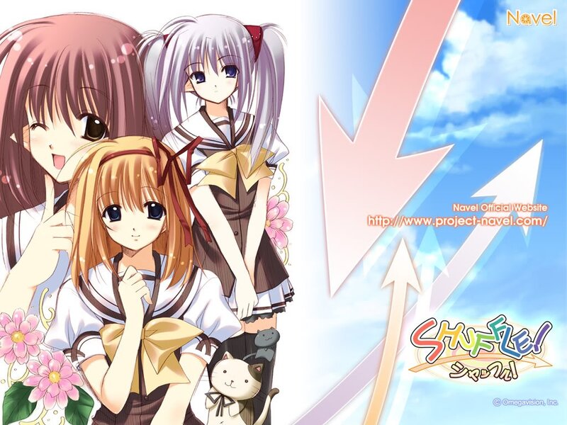 Three Anime Girls — Blue, Cheerful, Afternoon, School Uniforms, Flowers