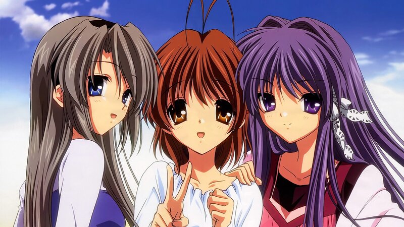 Three Anime Girls — Blue, Cheerful, Afternoon, Sky