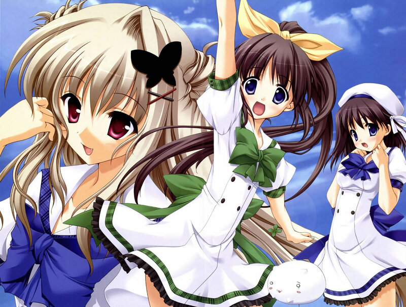 Three Anime Girls — Blue, Cheerful, Afternoon