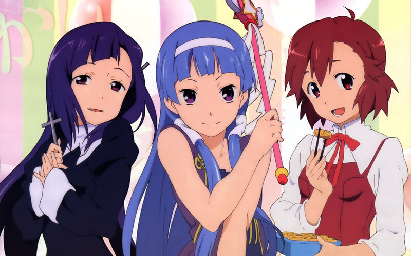 Three Anime Girls — Blue, Cheerful, Cross