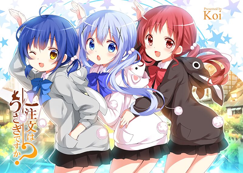 Three Anime Girls — Blue, Cheerful, Night