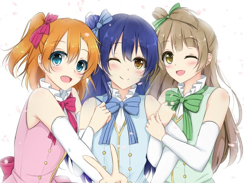 Three Anime Girls — Blue, Cheerful, Spring