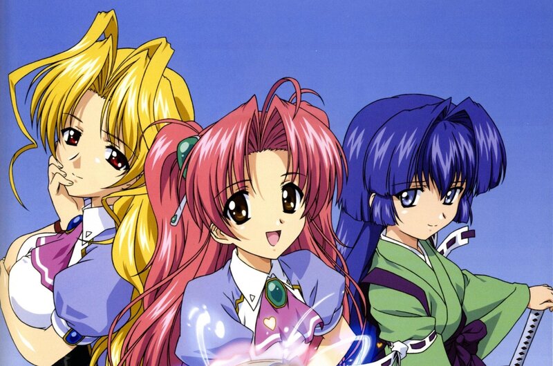 Three Anime Girls — Blue, Cheerful, Sword