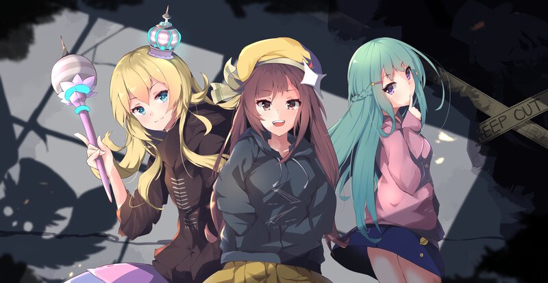 Three Anime Girls — Blue, Dramatic, Night, Magic Wand