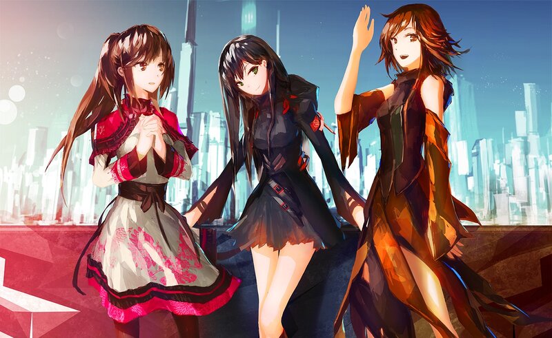 Three Anime Girls — Blue, Dramatic, Sunset
