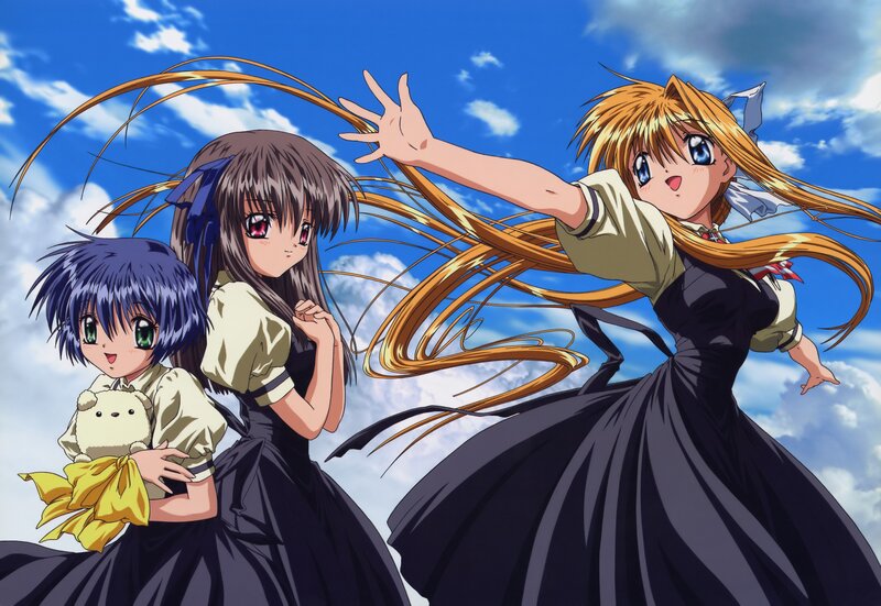 Three Anime Girls — Blue, Dynamic, Afternoon
