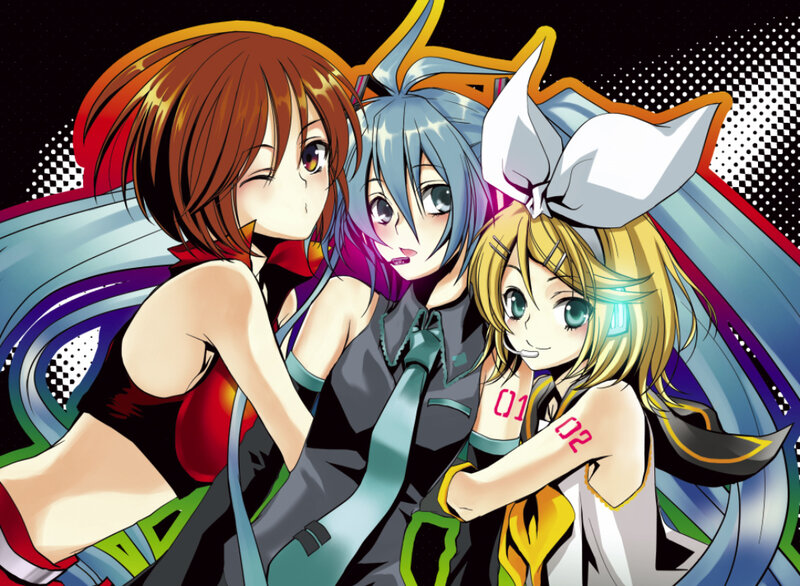 Three Anime Girls — Blue, Dynamic, Anime Characters, Bow