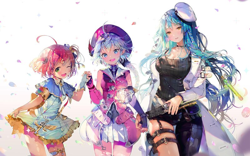Three Anime Girls — Blue, Festive, Digital Art