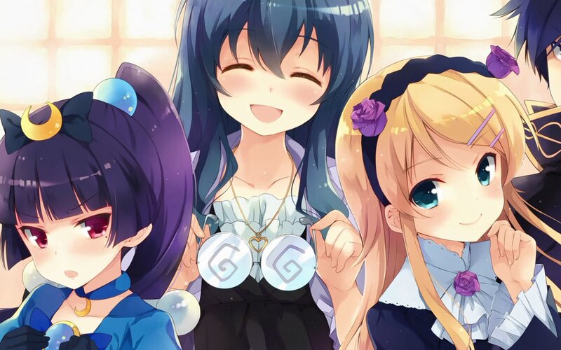 Three Anime Girls — Blue, Happy, Clothing