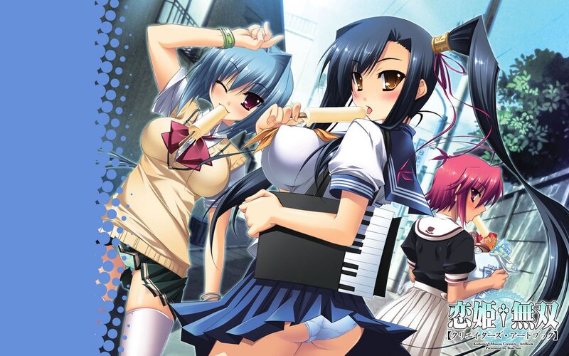Three Anime Girls — Blue, Playful, Afternoon, School Uniforms, Piano Keyboard