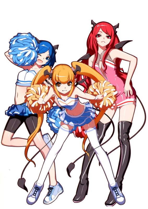 Three Anime Girls — Blue, Playful, Cheerleading Pom-poms