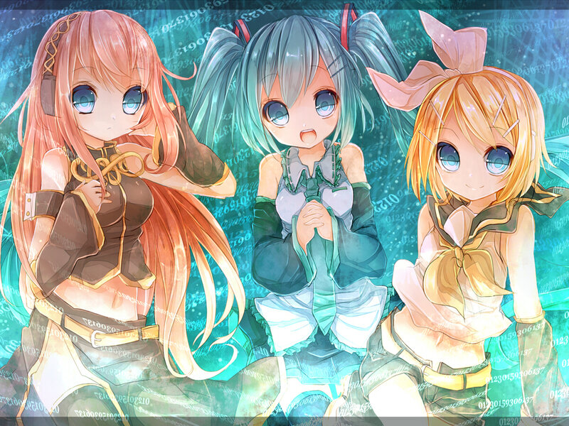 Three Anime Girls — Blue, Playful, Digital Background, Binary Code