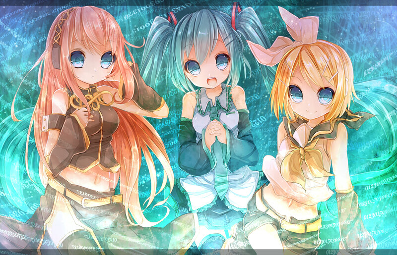 Three Anime Girls — Blue, Playful, Digital Background