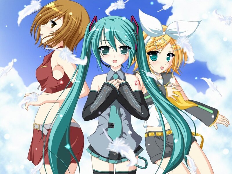 Three Anime Girls — Blue, Playful, Feathers