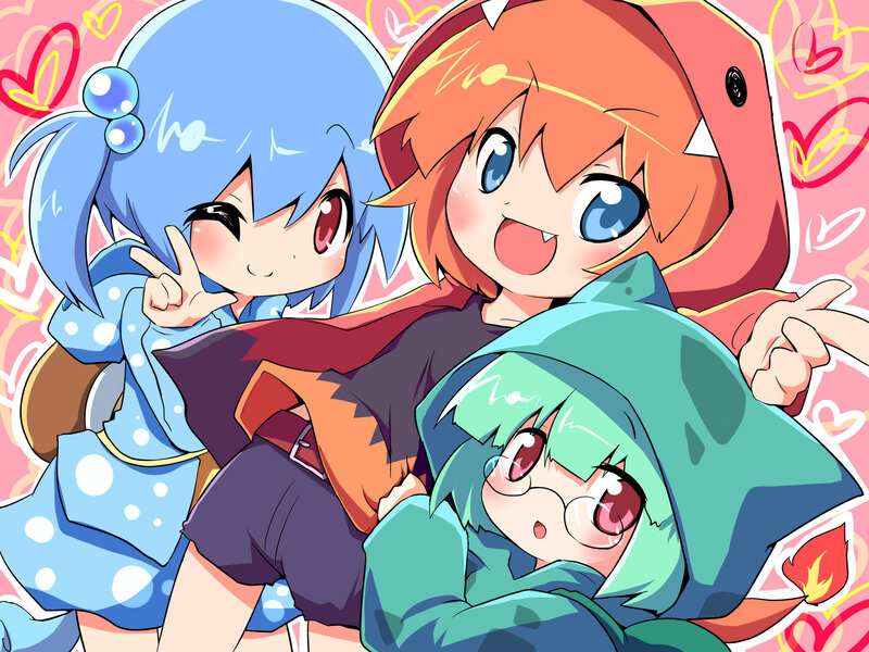 Three Anime Girls — Blue, Playful, Hearts