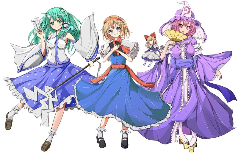 Three Anime Girls — Blue, Playful, Magic Staff