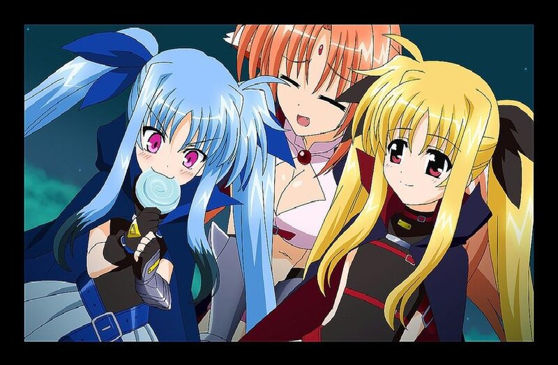 Three Anime Girls — Blue, Playful, Night