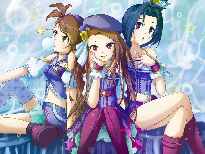 Three Anime Girls — Blue, Playful, Stars