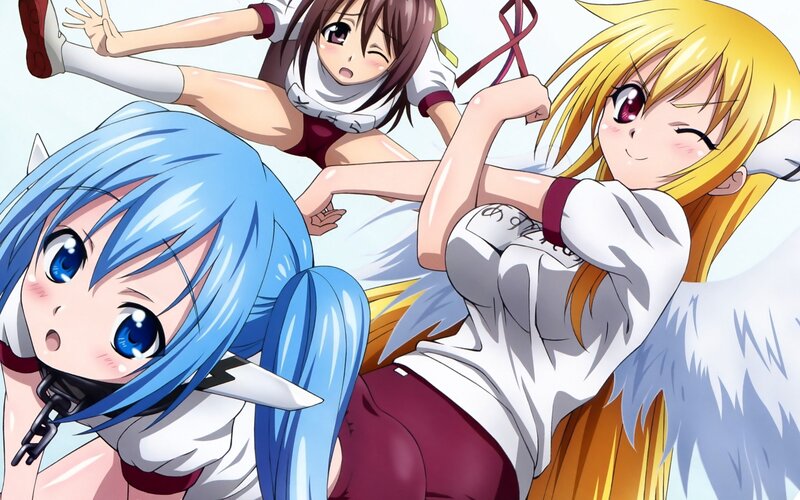Three Anime Girls — Blue, Playful, Wings