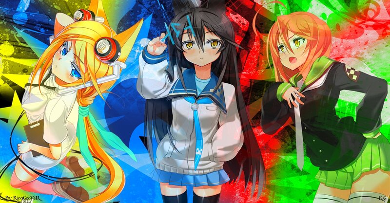 Three Anime Girls — Blue, Vibrant, School Uniforms