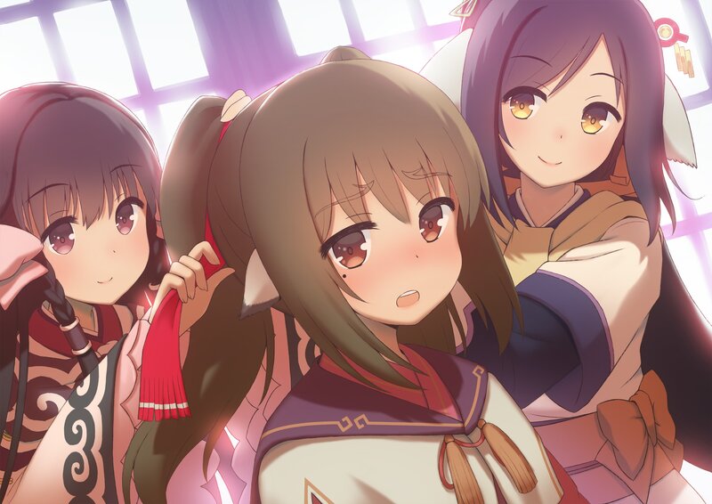 Three Anime Girls — Brown, Cheerful, Clothing
