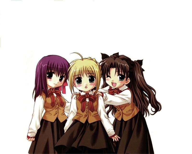 Three Anime Girls — Brown, Cheerful