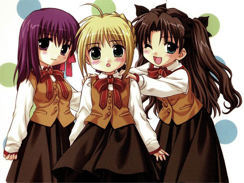 Three Anime Girls — Brown, Playful