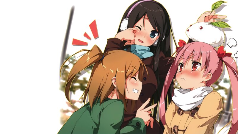 Three Anime Girls — Brown, Playful, Winter