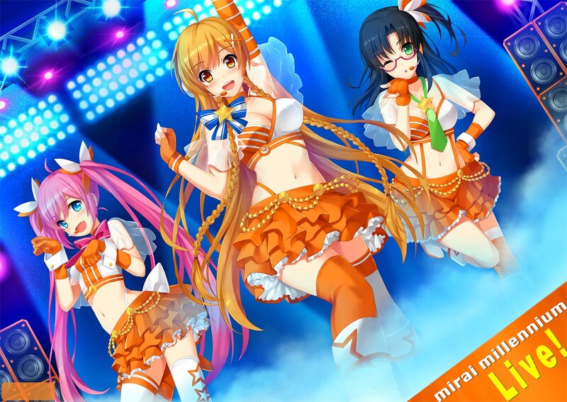 Three Anime Girls Dancing — Blue, Energetic, Night, Stage Lights