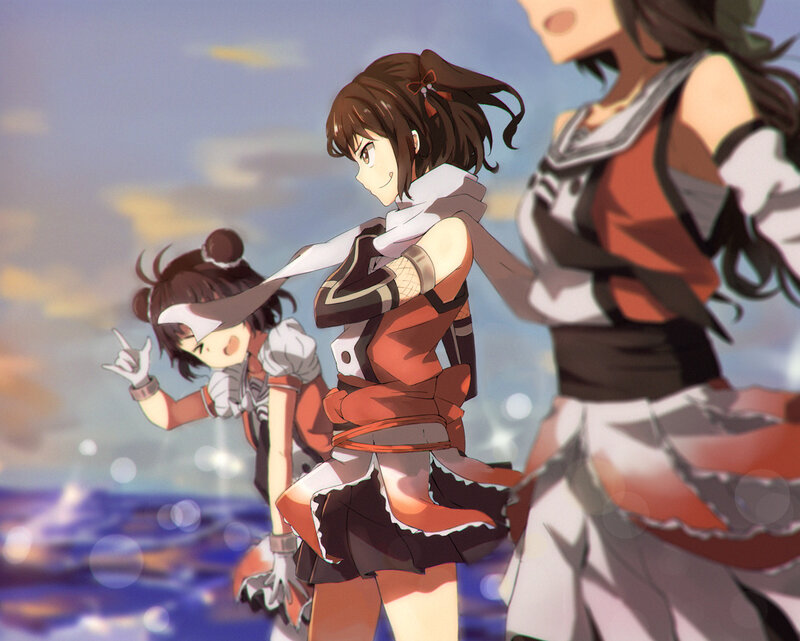 Three Anime Girls Dancing — Blue, Energetic, Sunset