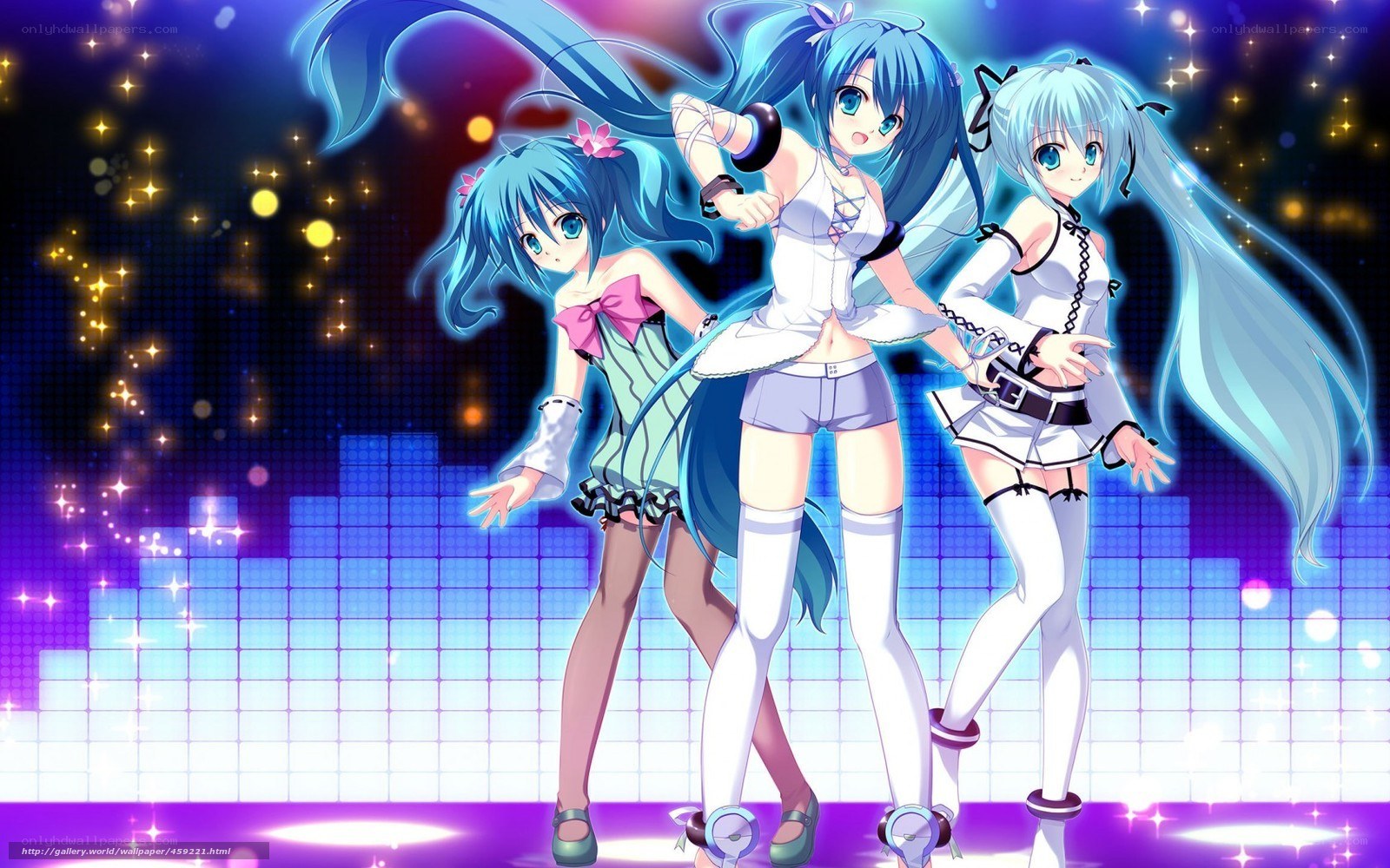 Three anime girls dancing on stage