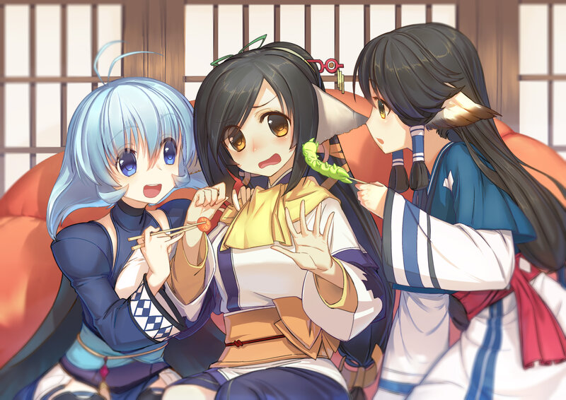 Three Anime Girls Eating — Blue