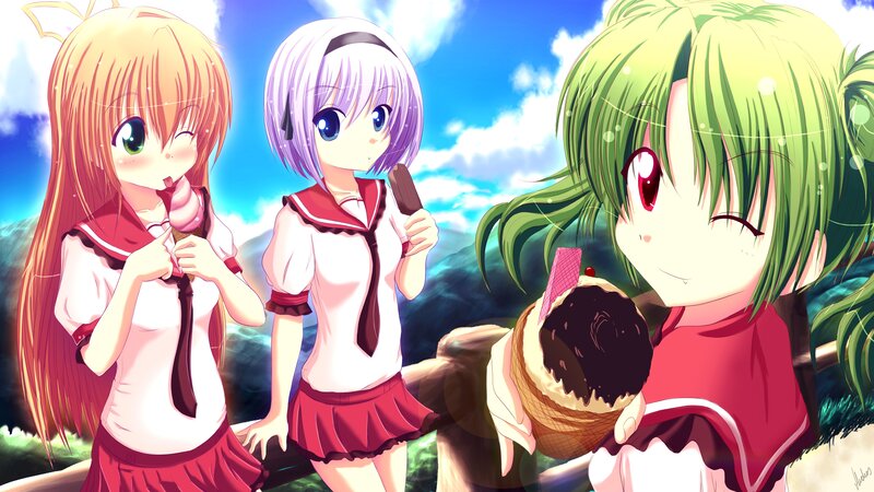 Three Anime Girls Eating Ice Cream — Green