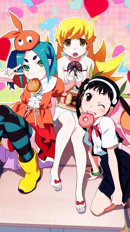 Three Anime Girls Eating — Pink, Cheerful