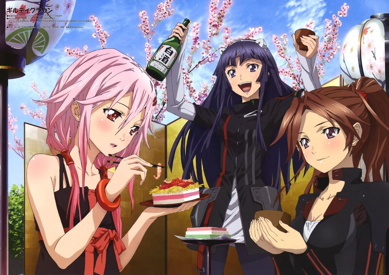 Three Anime Girls Eating — Pink, Festive, Spring, Cherry Blossoms