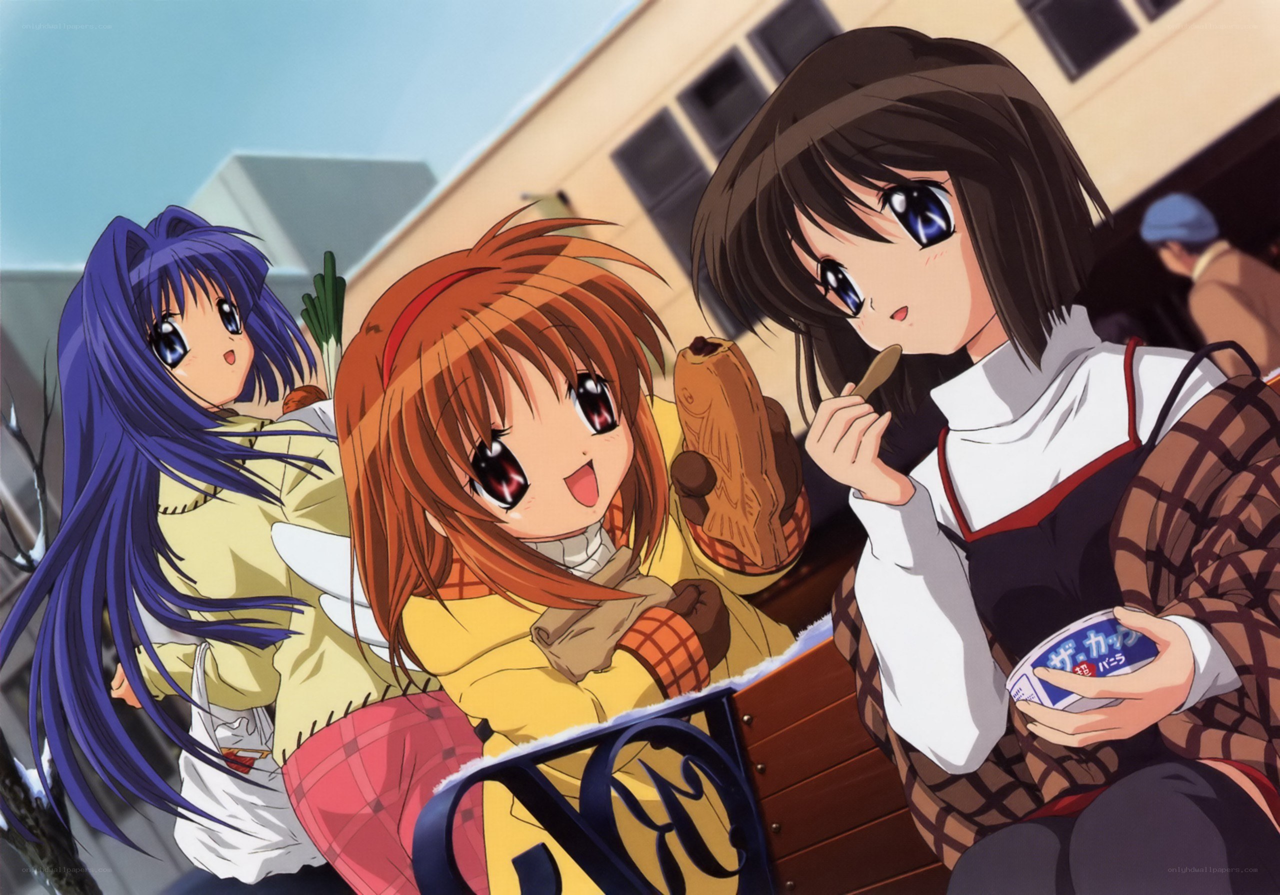 Three anime girls eating snacks