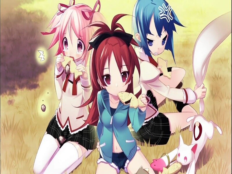 Three Anime Girls Eating — Yellow, Playful